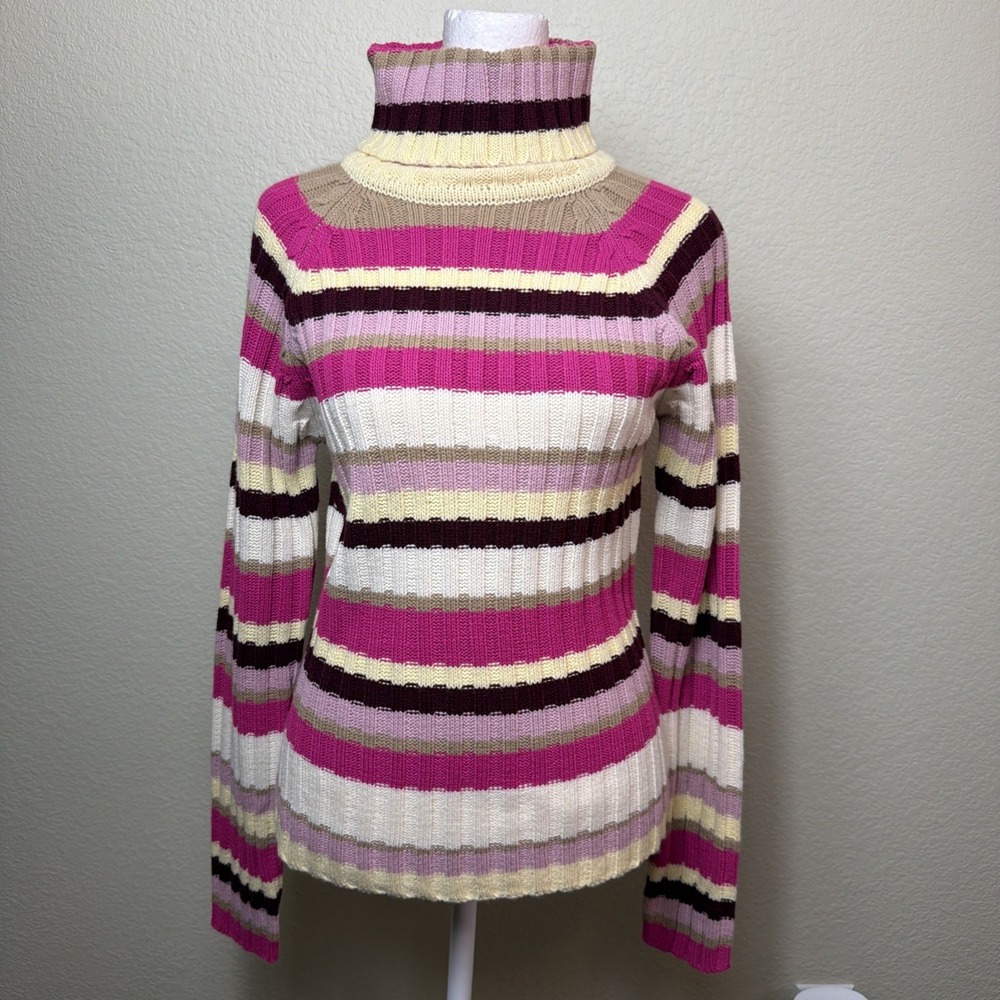 Chesley Striped Turtleneck Sweater Women M Pink Ribbed Knit Long Sleeve Pullover